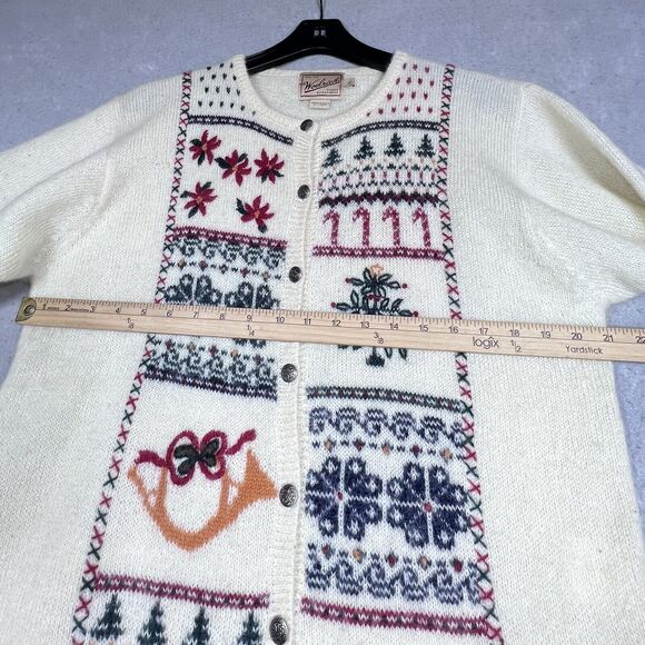 Vintage Woolrich Christmas Sweater Size Large Ivory Holiday Cardigan Wool Mohair - Picture 7 of 11